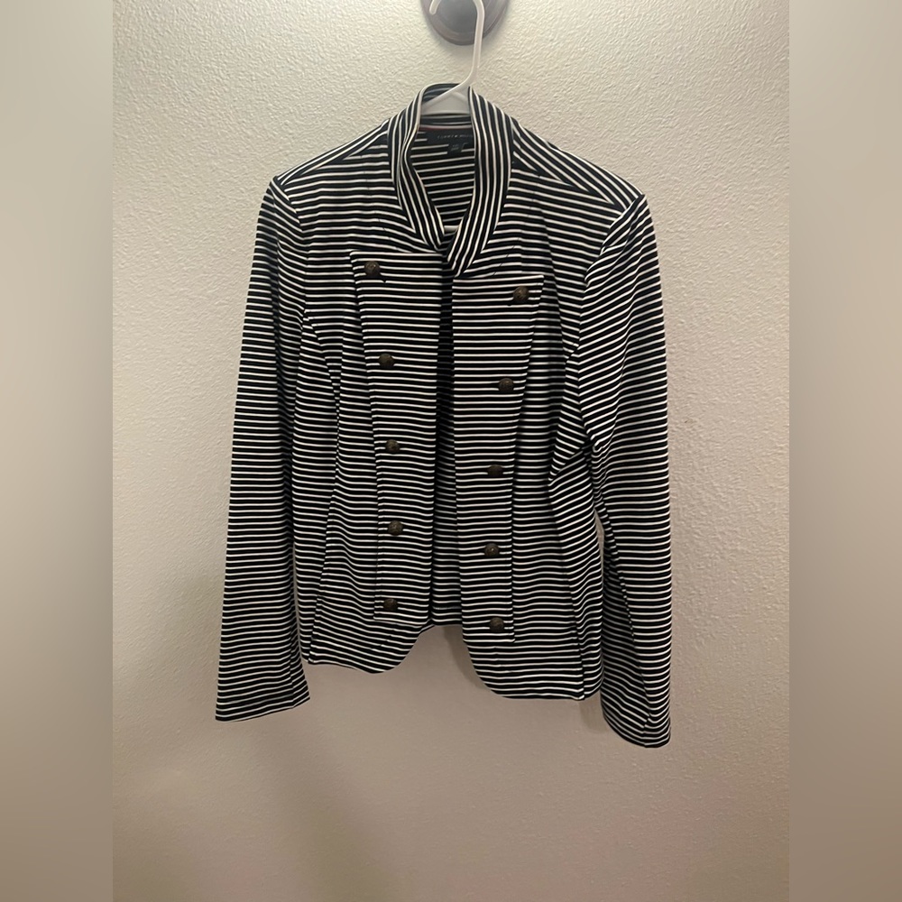 Tommy Hilfiger, Blue and White striped jacket, with button detail, size L